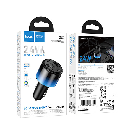 Автомобильное зарядное устройство, 2 USB 5V/2.4A + 2 PD 5V/2.4A (Z69), HOCO, с подсветкой, черный