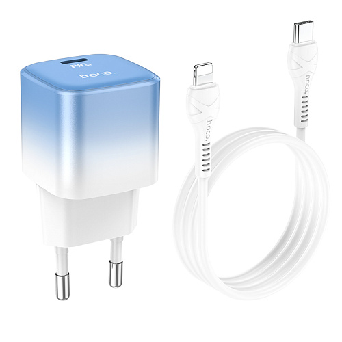 Сетевое зарядное устройство, 1 PD 20W + 1 USB 3.0 QC (C101A), HOCO, Type-C to Lightning, голубой с белым