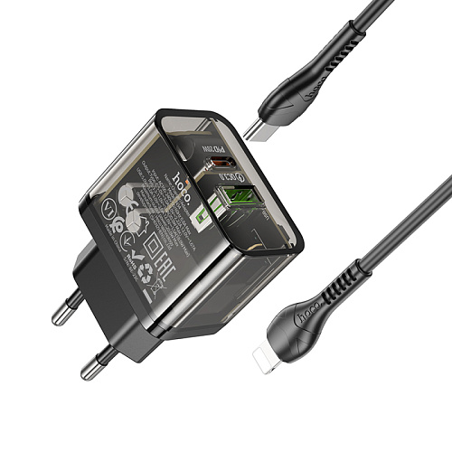 Сетевое зарядное устройство, 1 PD 20W + 1 USB 3.0 QC (N34), HOCO, Type-C to Lightning, прозрачный черный