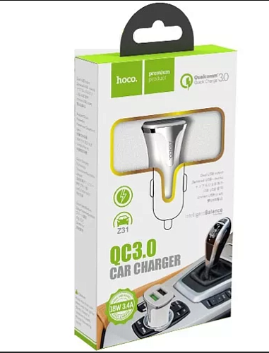 Автомобильное зарядное устройство, 2 USB 3.4A 18W QC3.0 (Z31), белый