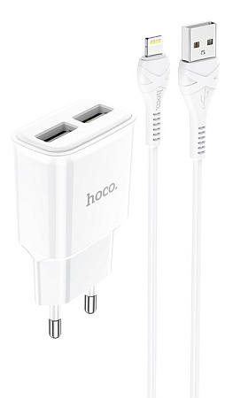 Сетевое зарядное устройство, 2 USB 2.4A (C88A), HOCO, Lightning, белый