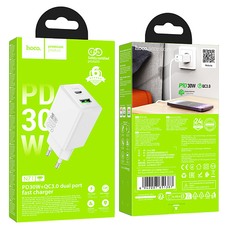 Сетевое зарядное устройство, 1 PD 30W + 1 USB 3.0 QC (N71), HOCO, белый