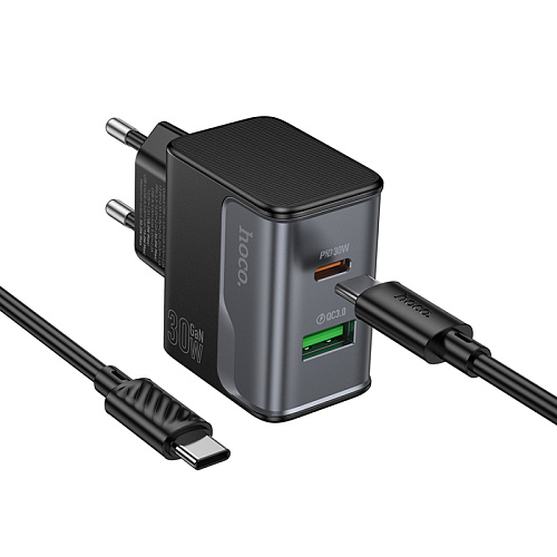 Сетевое зарядное устройство, 1 PD 30W + 1 USB 3.0 QC (CS73A), HOCO, Type-C to Type-C, черный