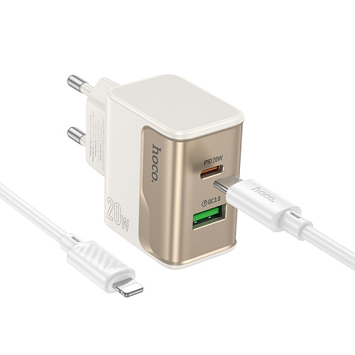 Сетевое зарядное устройство, 1 PD 20W + 1 USB 3.0 QC (CS71A), HOCO, Type-C to Lightning, белый