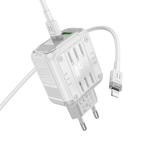 Сетевое зарядное устройство, 1 PD 45W + 1 USB 3.0 QC (C136A), HOCO, Type-C to Lightning, белый