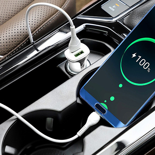 Автомобильное зарядное устройство, 2 USB 3.4A 18W QC3.0 (Z31), usb cable Type-C, HOCO, белый