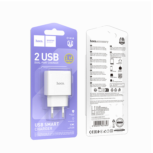 Сетевое зарядное устройство, 2 USB 2.1A (C141A), HOCO, белый