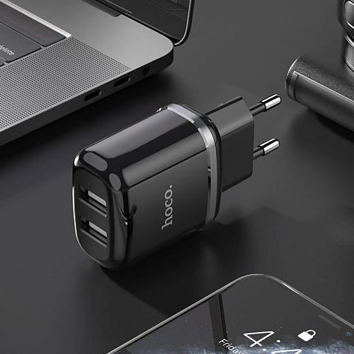 Сетевое зарядное устройство, 2 USB 2.4A 12W (N4), HOCO, Lightning, Умная зарядка, черный