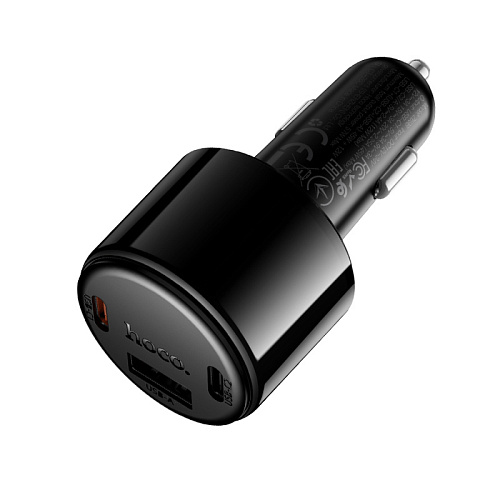 Автомобильное зарядное устройство, 1 USB QC3.0 12W, 2 PD 45W (Z69B), HOCO, с дисплеем, черный с синим