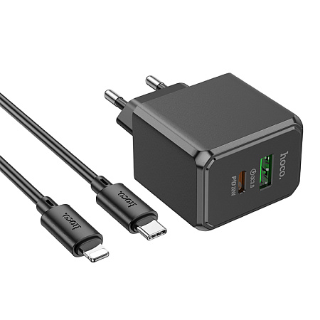Сетевое зарядное устройство, 1 PD 20W + 1 USB 3.0 QC (CS14A), HOCO, Type-C to Lightning, черный