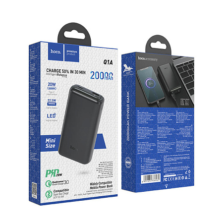 Универсальный Доп. Аккумулятор 20000mAh, Q1A, HOCO, выход 1 USB (22.5W), 1 PD (20W), вход Type-C, черный