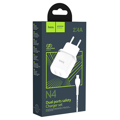 Сетевое зарядное устройство, 2 USB 2.4A 12W (N4), HOCO, Lightning, Умная зарядка, белый