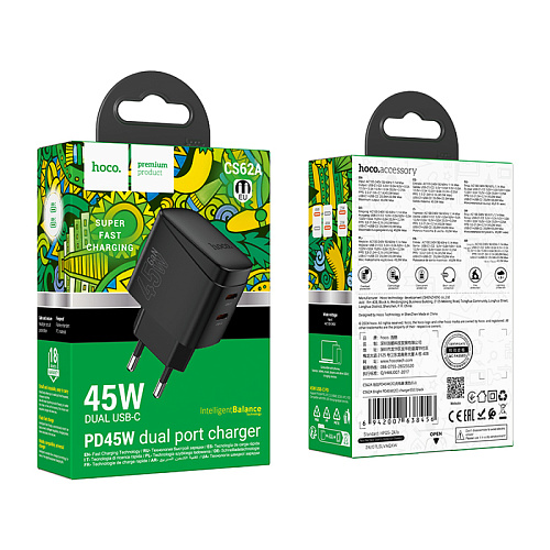 Сетевое зарядное устройство, 2 PD 45W (CS62A), HOCO, черный