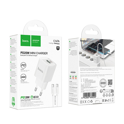 Сетевое зарядное устройство, 1 PD 20W + 1 USB 3.0 QC (C147A), HOCO, Type-C to Type-C, мини, белый