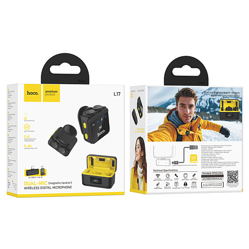 Беспроводной микрофон с приемником для Type-C и Lightning, L17, HOCO, черный