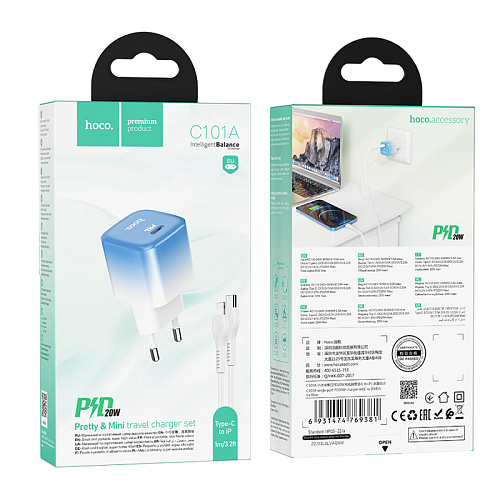 Сетевое зарядное устройство, 1 PD 20W + 1 USB 3.0 QC (C101A), HOCO, Type-C to Lightning, голубой с белым