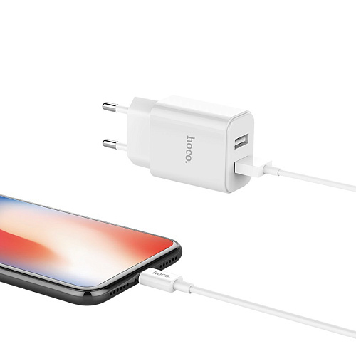 Сетевое зарядное устройство, 2 USB 2.1A (C62A), HOCO, Type-C, Умная зарядка, белый