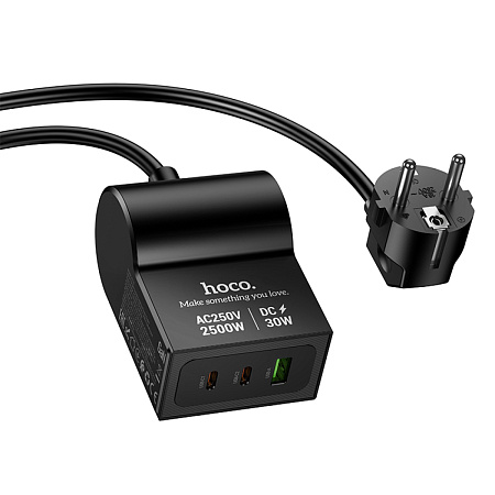Сетевой фильтр на 1 розетка+1 USB+2 PD, 1.5м, AC33, HOCO, черный