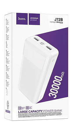 Универсальный Доп. Аккумулятор 30000mAh, J72B, HOCO, 2 USB (5V/2.1A), белый