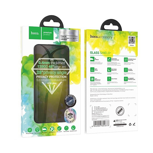 Защитное стекло на iPhone X/XS/11 Pro (A34 Plus), HOCO, Антишпионское стекло, черное Защитное стекло на iPhone X/XS/11 Pro (A34 Plus), HOCO, Антишпионское стекло, черное
