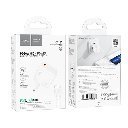 Сетевое зарядное устройство, 1 PD 35W (C112A), HOCO, Type-C to Lightning, белый
