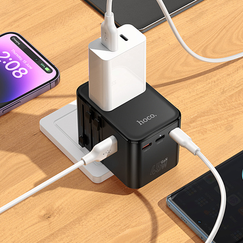 Переходник на розетку (все виды), 3 PD+2 USB, AC32, HOCO, черный