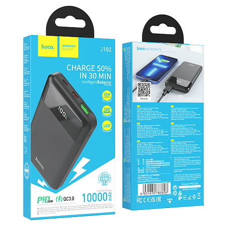 Универсальный Доп. Аккумулятор 10000mAh, J102, HOCO, выход: 1 USB (18W)+1 PD 20W, черный