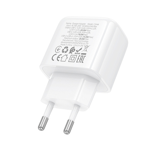 Сетевое зарядное устройство, 1 USB 3.0 QC+1 PD 20W (CS54A), HOCO, белый