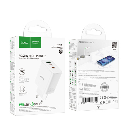 Сетевое зарядное устройство, 2 PD 40W + 1 USB 3.0 QC (C126A), HOCO, белый