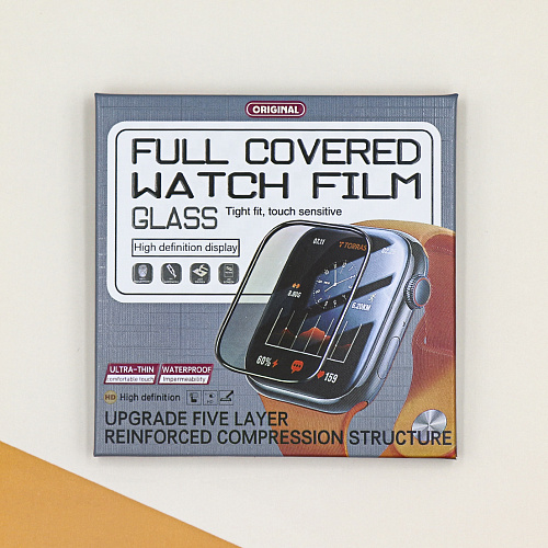 Защитное стекло на Apple Watch, 44mm, полный клей, прозрачное с черной рамкой