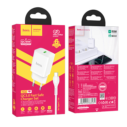 Сетевое зарядное устройство, 1 USB 3.0 QC (N26), HOCO, Type-C, белый