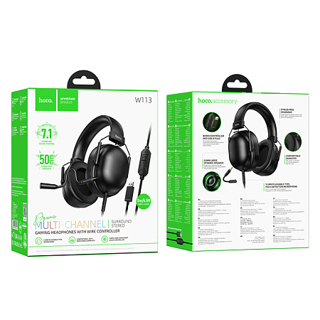 Проводные наушники W113, HOCO, подключение USB-A, игровый с микрофоном, черный