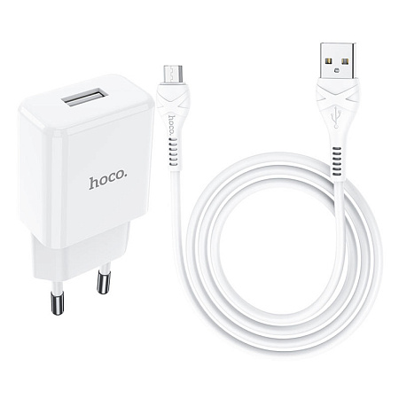 Сетевое зарядное устройство, 1 USB 2.1A (N9), HOCO, Micro, Fast Charge, Безопасный сертификат, белый