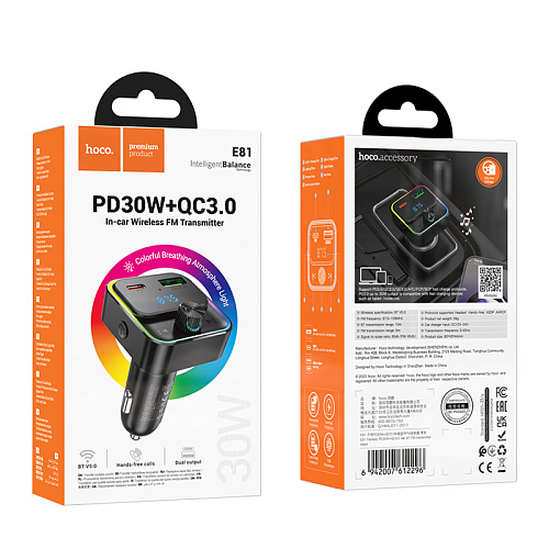 Bluetooth FM модулятор, E81, HOCO, 1 PD (30W), 1 USB (QC), черный