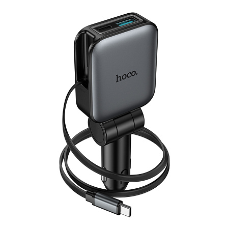 Автомобильное зарядное устройство, 1 USB QC3.0+1 PD 30W + кабель Type-C выдвижной (Z67), HOCO, черный