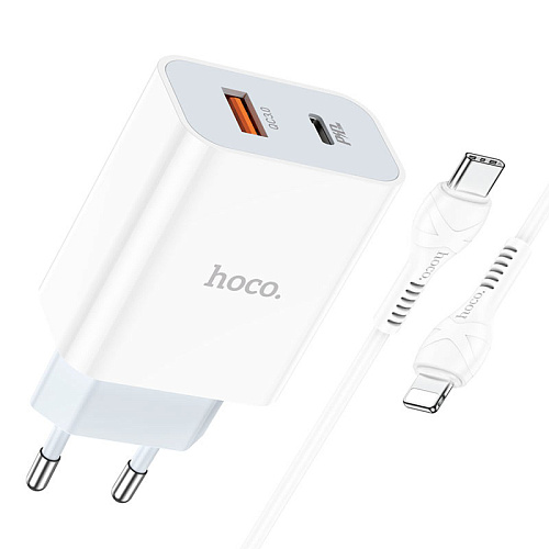 Сетевое зарядное устройство, 1 PD 20W + 1 USB 3.0 QC (C97A), HOCO, Type-C to Lightning, белый