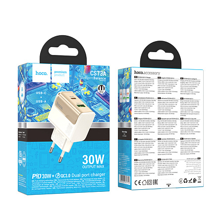 Сетевое зарядное устройство, 1 PD 30W + 1 USB 3.0 QC (CS73A), HOCO, белый
