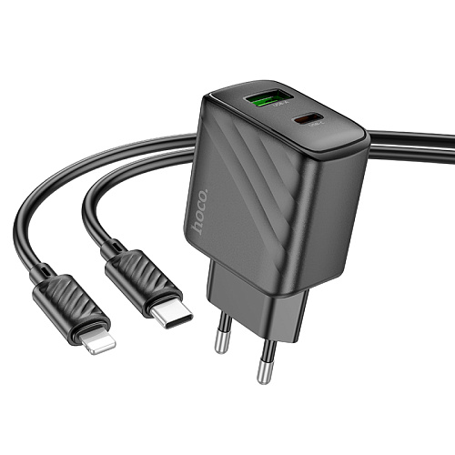 Сетевое зарядное устройство, 1 PD 30W + 1 USB 3.0 QC (CS23A), HOCO, Type-C to Lightning, черный