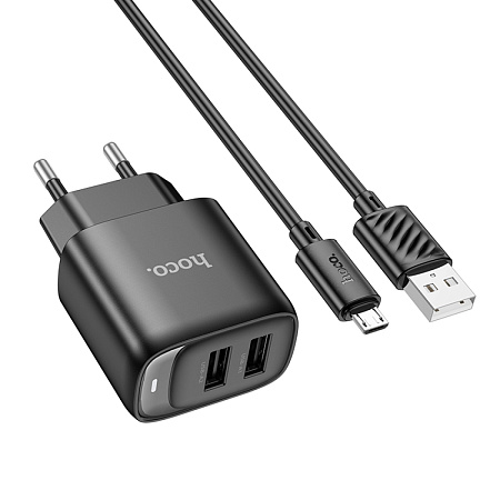 Сетевое зарядное устройство, 2 USB 2.1A (C141A), HOCO, Micro, черный