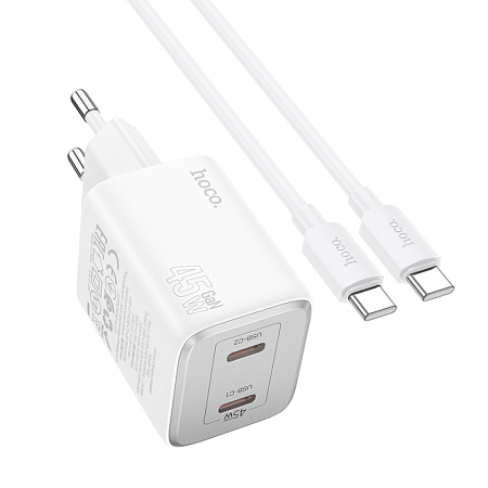 Сетевое зарядное устройство, 2 PD 45W (N42), HOCO, Type-C to Type-C, белый