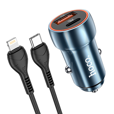Автомобильное зарядное устройство, 1 USB QC3.0+1 PD 20W (Z46A), HOCO, кабель Type-С to Lightning, синий