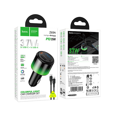 Автомобильное зарядное устройство, 1 USB 5V/2.4A + 2 PD 25W (Z69A), HOCO, кабель Type-C to Type-C, с дисплеем, черный