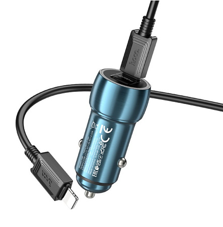 Автомобильное зарядное устройство, 2 PD 40W (Z48), HOCO, кабель Type-C to Lightning, синий