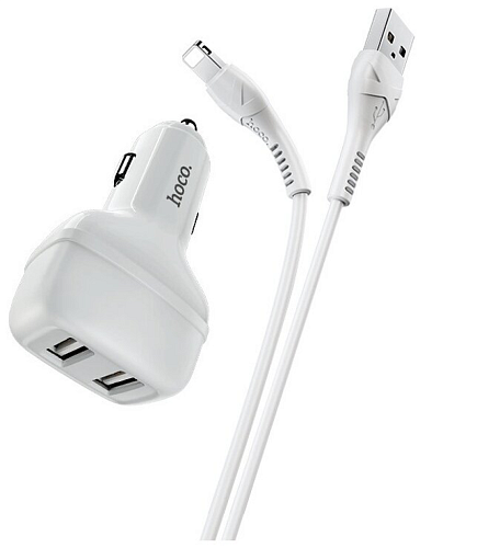 Автомобильное зарядное устройство, 2 USB 2.4A (Z36), usb cable lightning, HOCO, белый