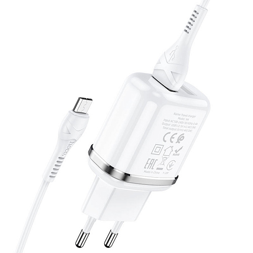 Сетевое зарядное устройство, 2 USB 2.4A 12W (N4), HOCO, Micro, Умная зарядка, белый