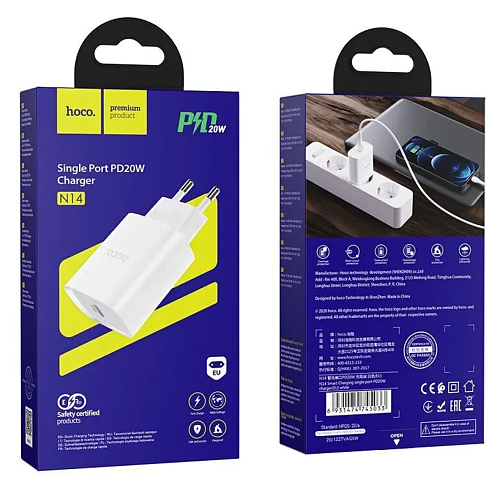 Сетевое зарядное устройство, 1 PD 20W + 1 USB 3.0 QC (N14), HOCO, Умная зарядка, белый