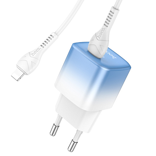 Сетевое зарядное устройство, 1 PD 20W + 1 USB 3.0 QC (C101A), HOCO, Type-C to Lightning, голубой с белым