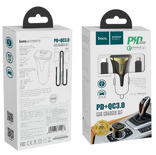 Автомобильное зарядное устройство, 1 USB QC3.0+1 PD (Z31A), HOCO, кабель Type-С to Lightning, черный