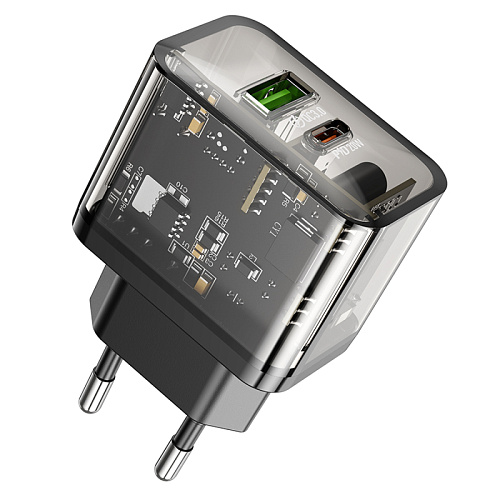 Сетевое зарядное устройство, 1 PD 20W + 1 USB 3.0 QC (N34), HOCO, прозрачный черный