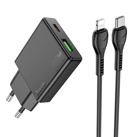 Сетевое зарядное устройство, 1 PD 20W + 1 USB 3.0 QC (N38), HOCO, Type-C to Lightning, черный